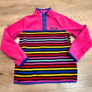 Lands End Kids Fleece Pullover Striped Pink Blue 1/4 Button Up Large L‎ 10-12